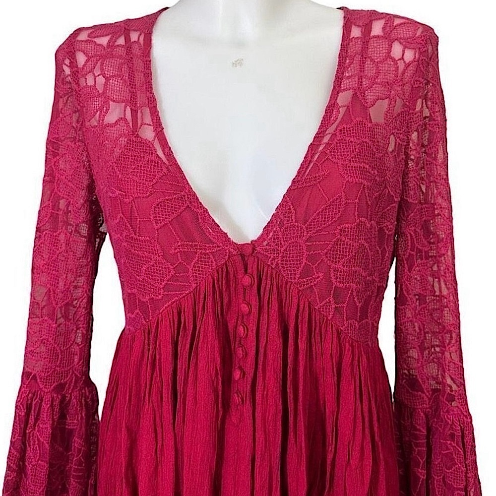 Free People With Love From India Bell Sleeve Crochet Lace Mini Boho - Picture 5 of 16
